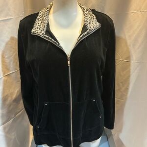 Jones New York Black Bomber Jacket with Animal Print Collar